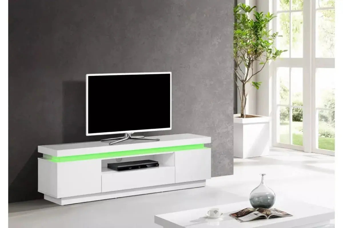 Meuble Tv laqué blanc LED OPRA  130x35x45 Cm Swedzo-Meuble