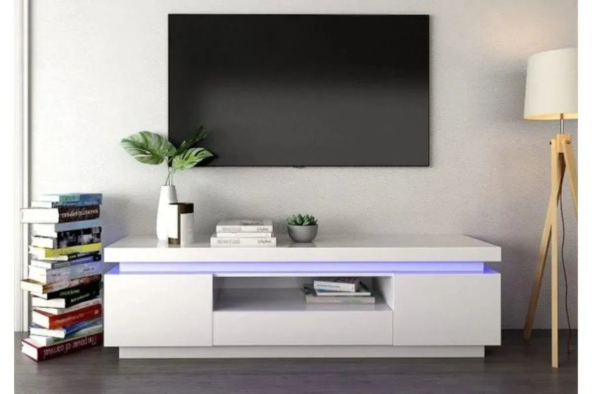 Meuble Tv laqué blanc LED OPRA  130x35x45 Cm Swedzo-Meuble