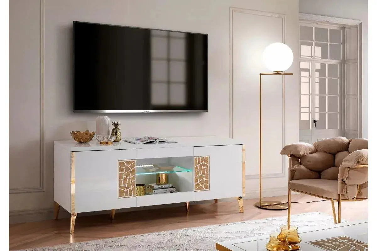 Meuble tv laqué blanc doré ELLA Swedzo-Meuble