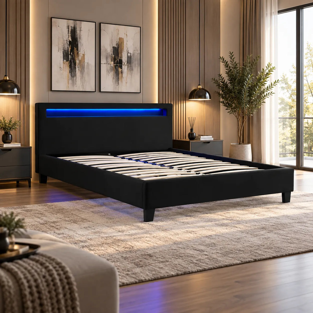 Noir Lit avec Led avec Sommier