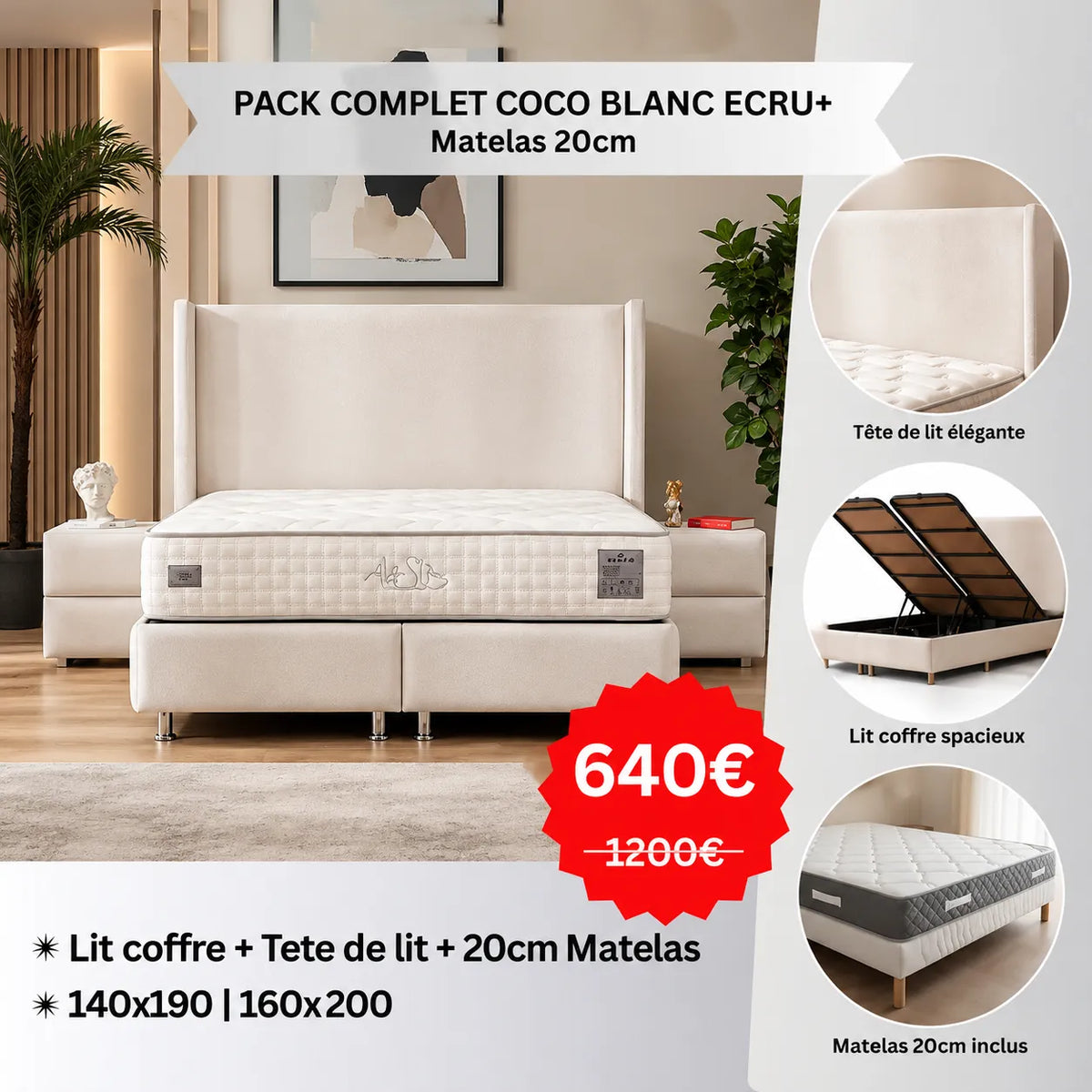 PACK COMPLET COCO BLANC ECRU+  Matelas 20cm