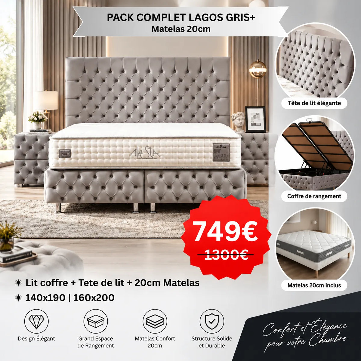 PACK COMPLET LAGOS GRIS+ Matelas 20cm