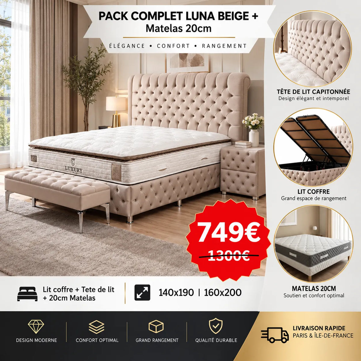 PACK COMPLET LUNA ANTHRACITE ET BEIGE+ Matelas 20cm