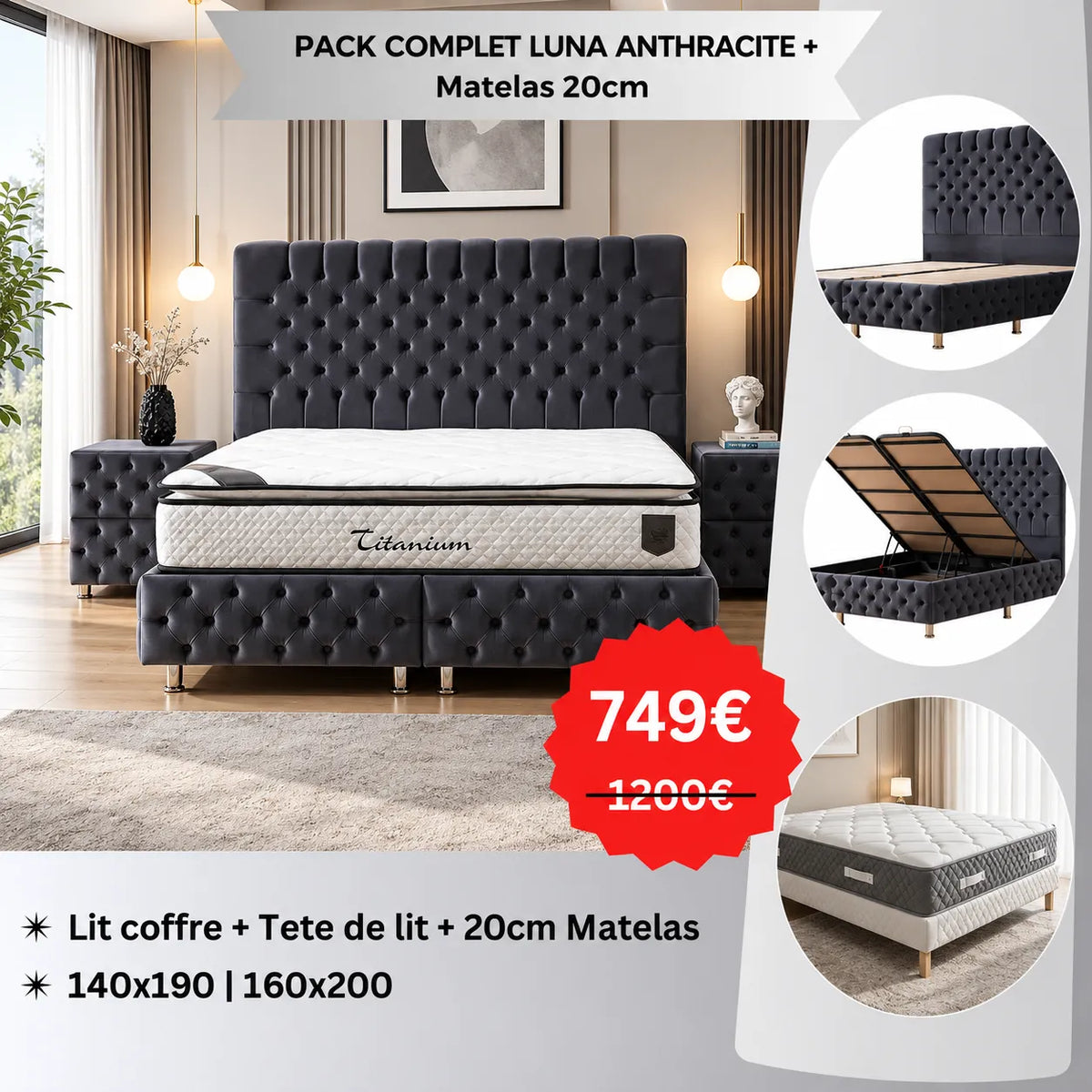 PACK COMPLET LUNA ANTHRACITE ET BEIGE+ Matelas 20cm