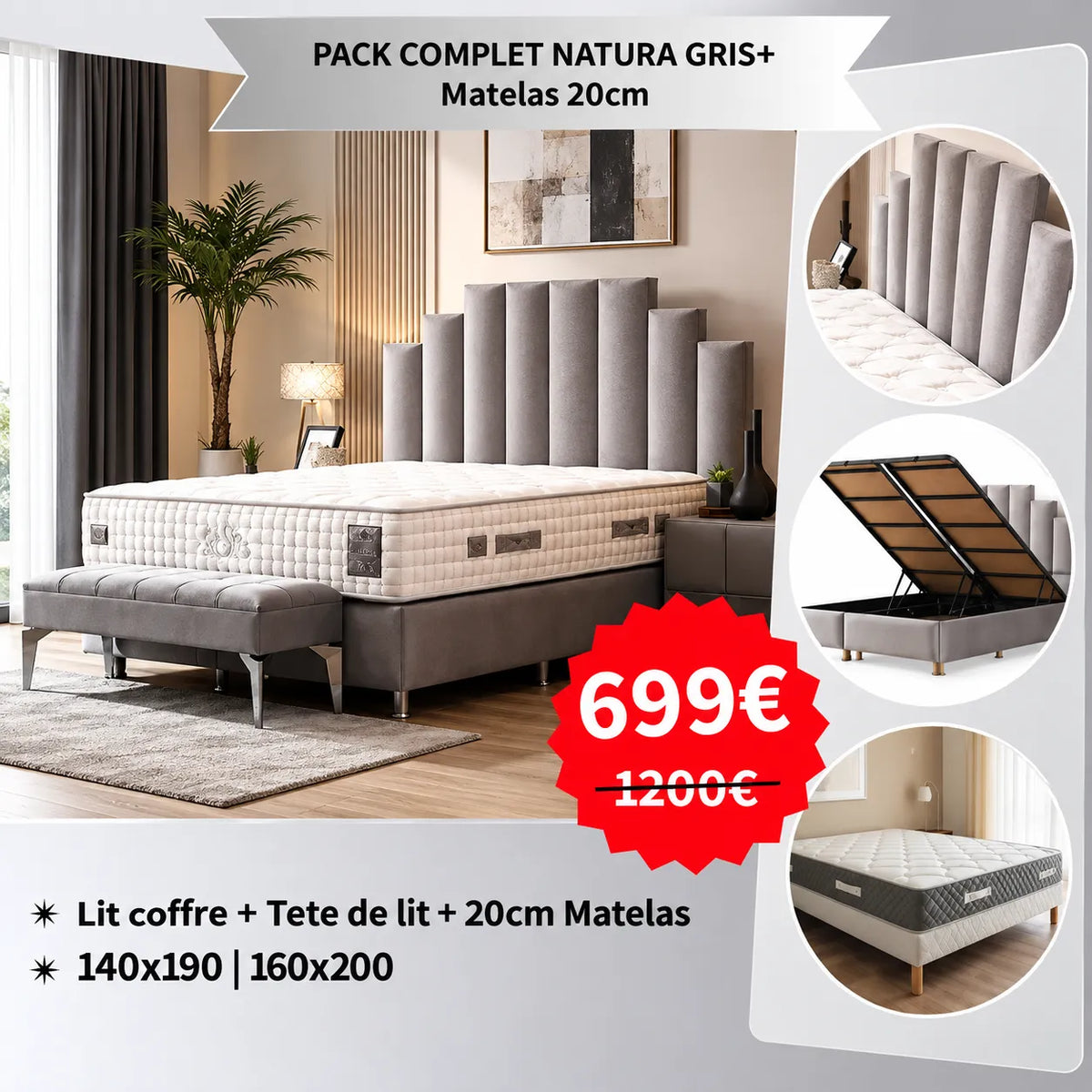 PACK COMPLET NATURA GRIS ET BEIGE+ Matelas 20cm