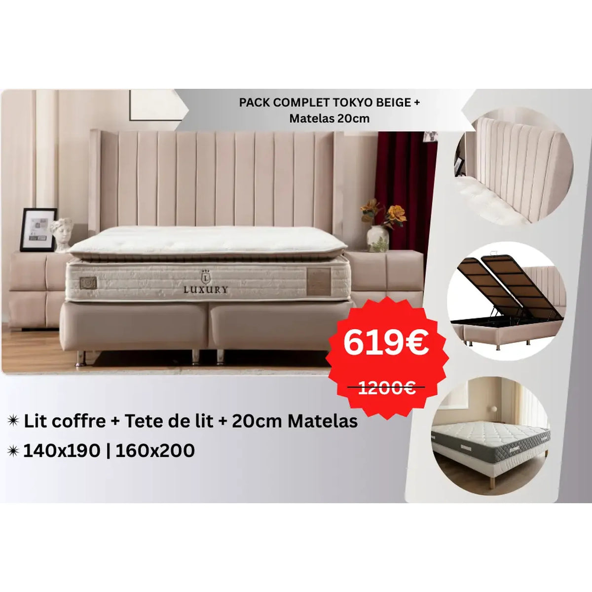 PACK COMPLET TOKYO BEIGE + Matelas 20cm