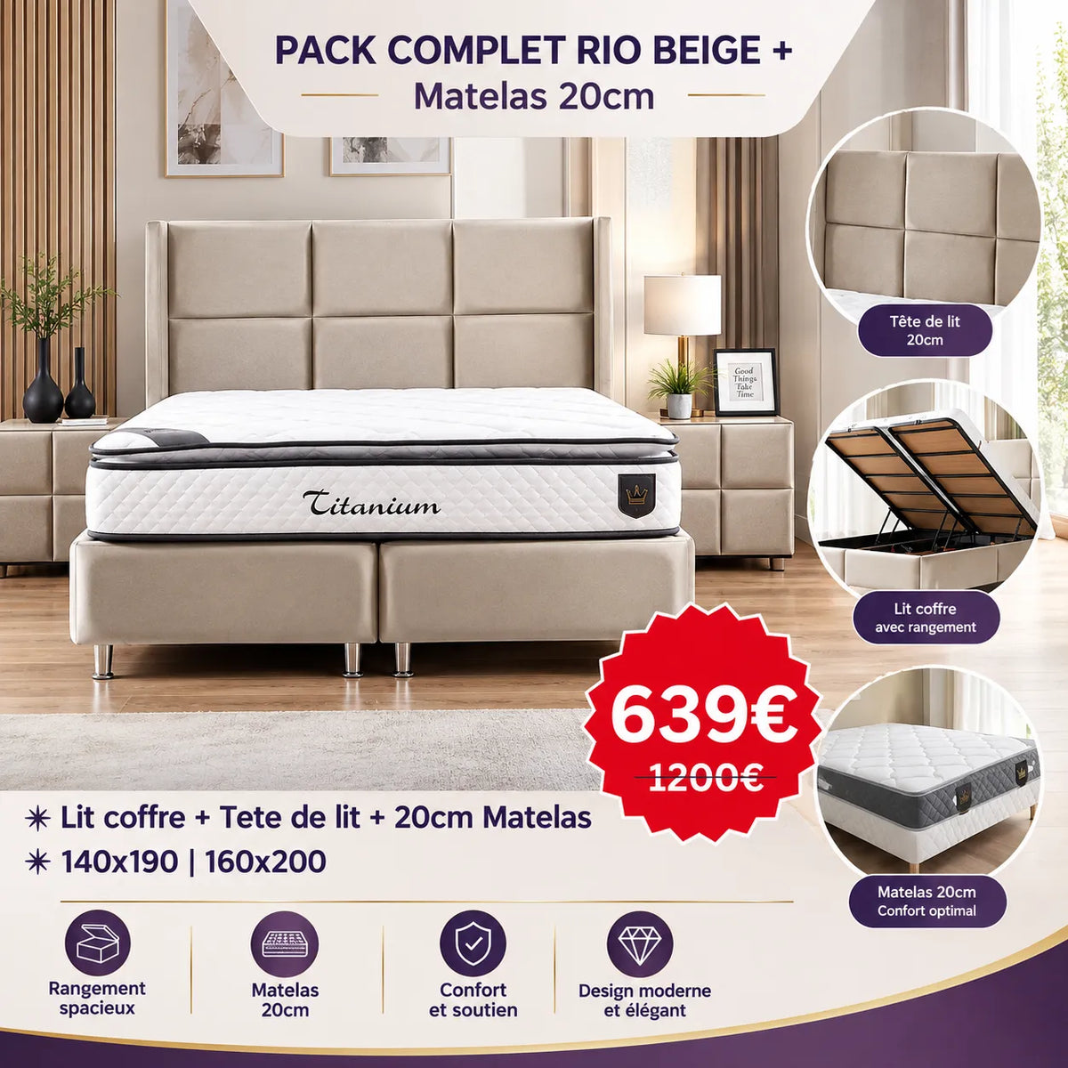 PACK COMPLET RIO BEIGE +  Matelas 20cm