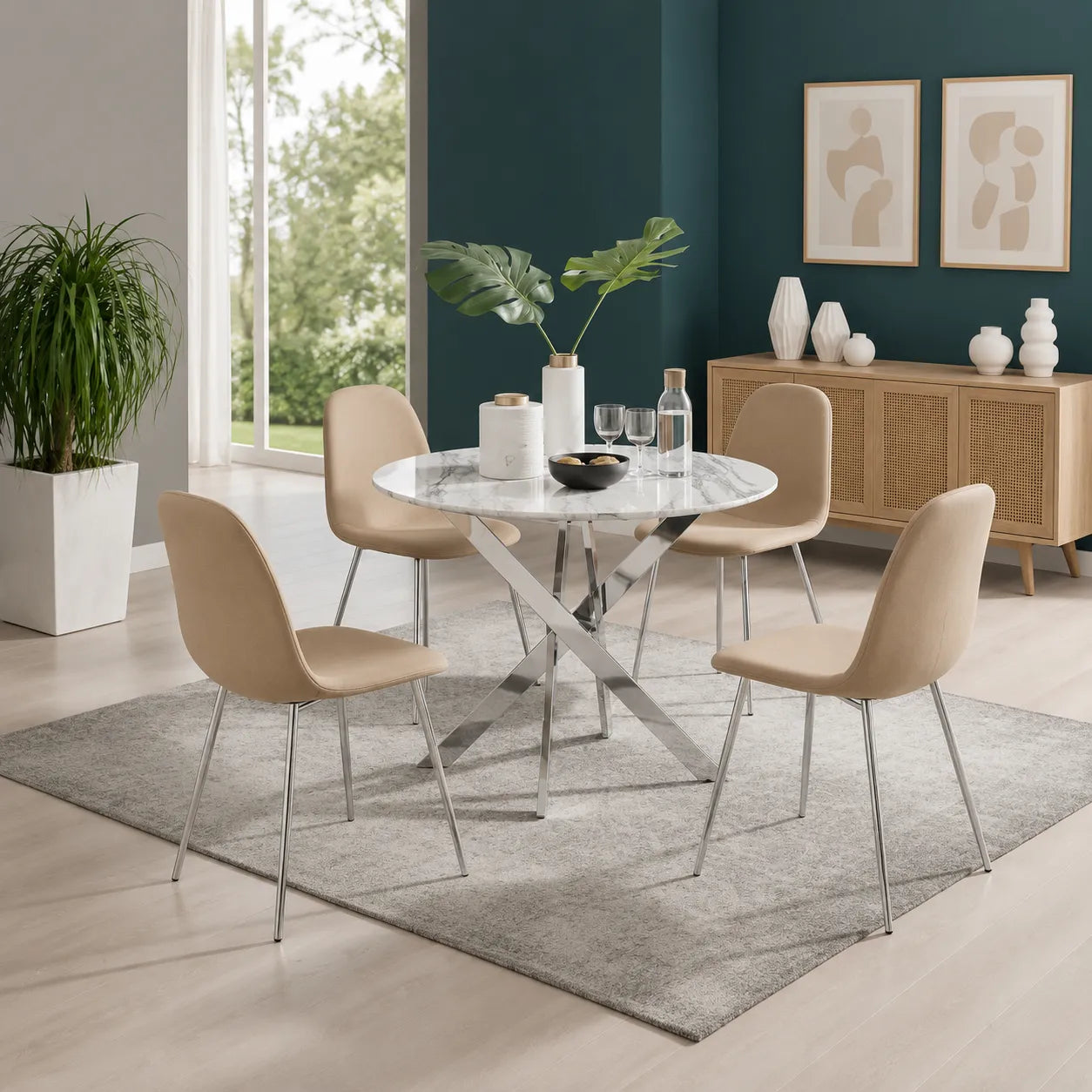 Ronde Table avec chaises avec argent pieds