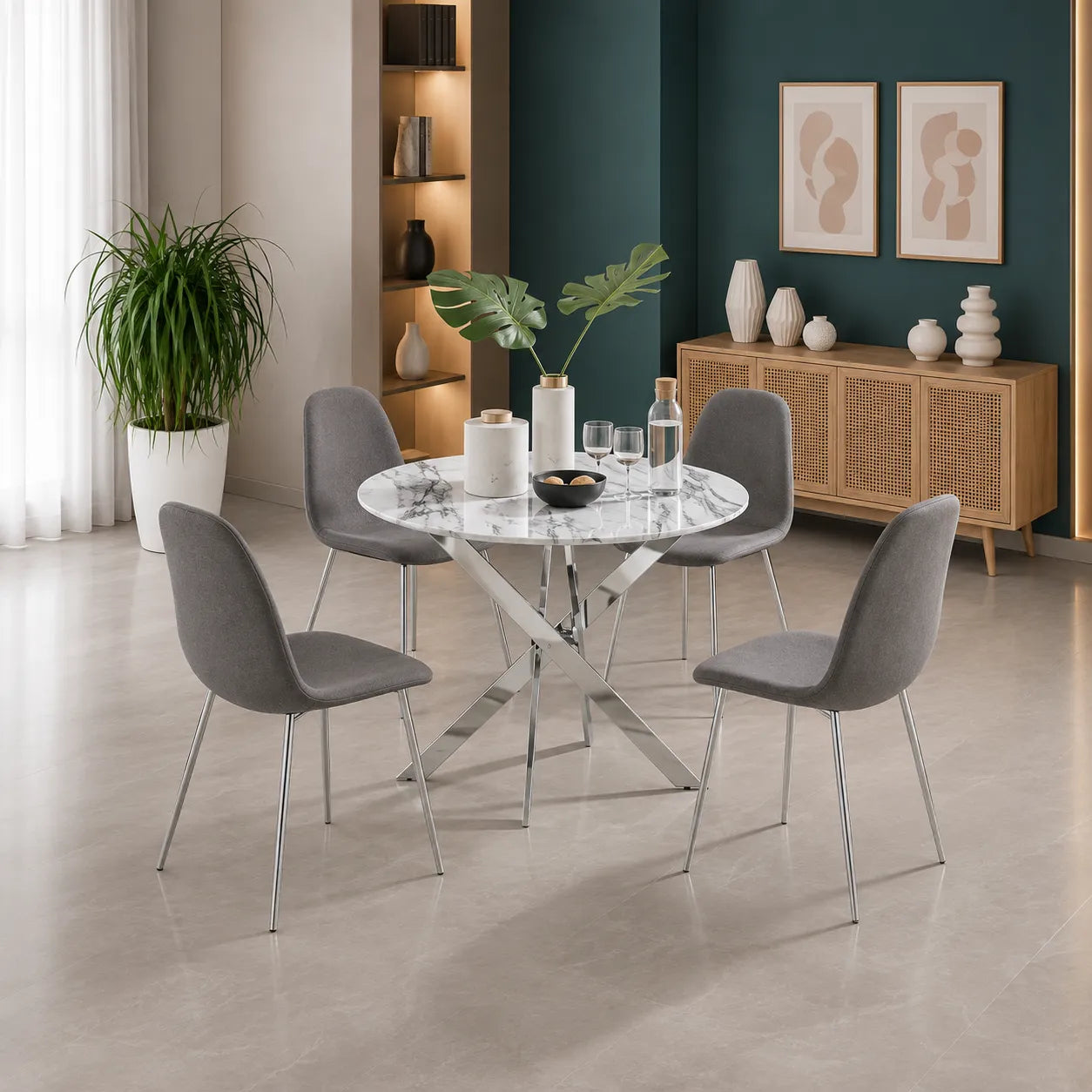 Ronde Table avec chaises avec argent pieds