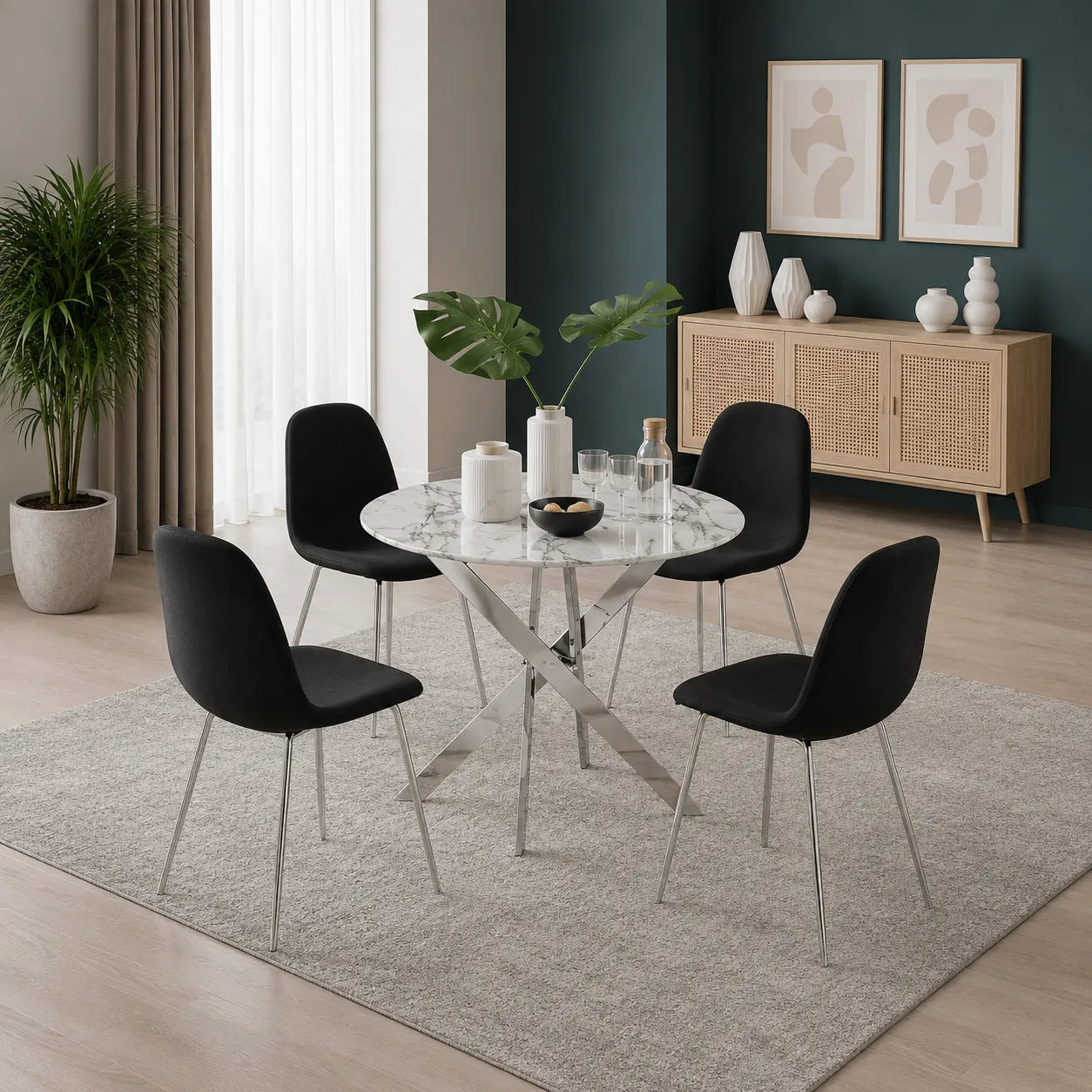 Ronde Table avec chaises avec argent pieds