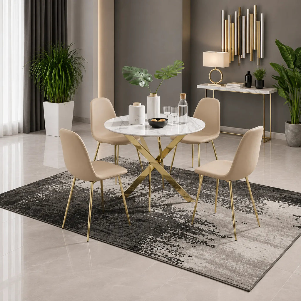 Ronde Table avec chaises avec doree pieds