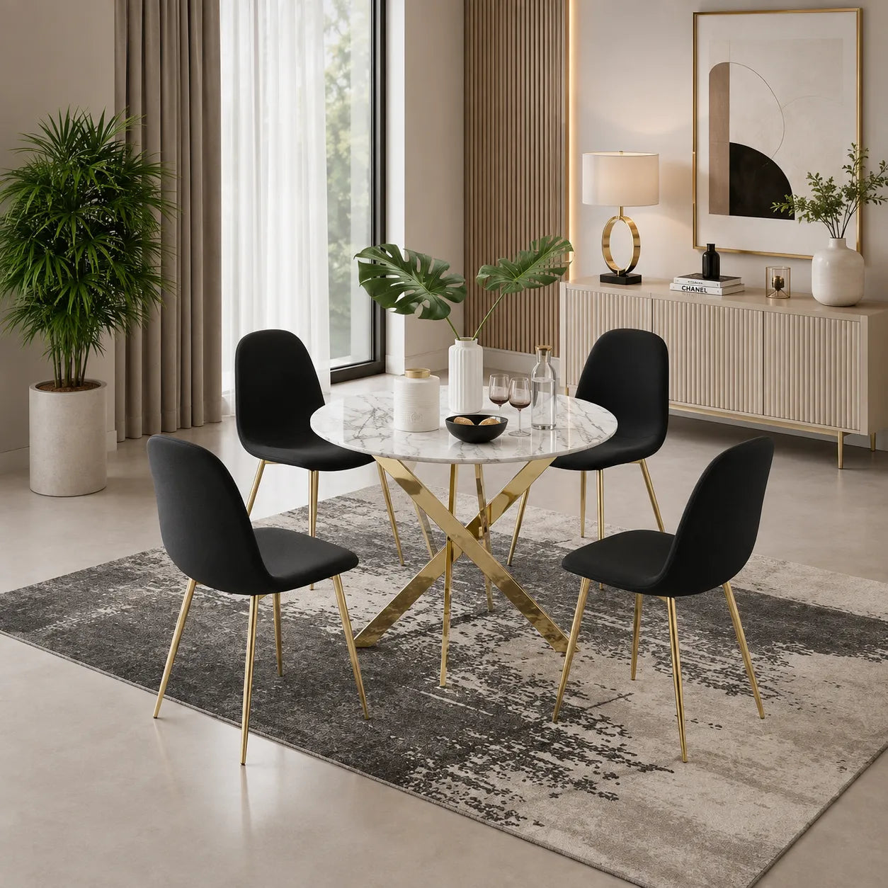 Ronde Table avec chaises avec doree pieds