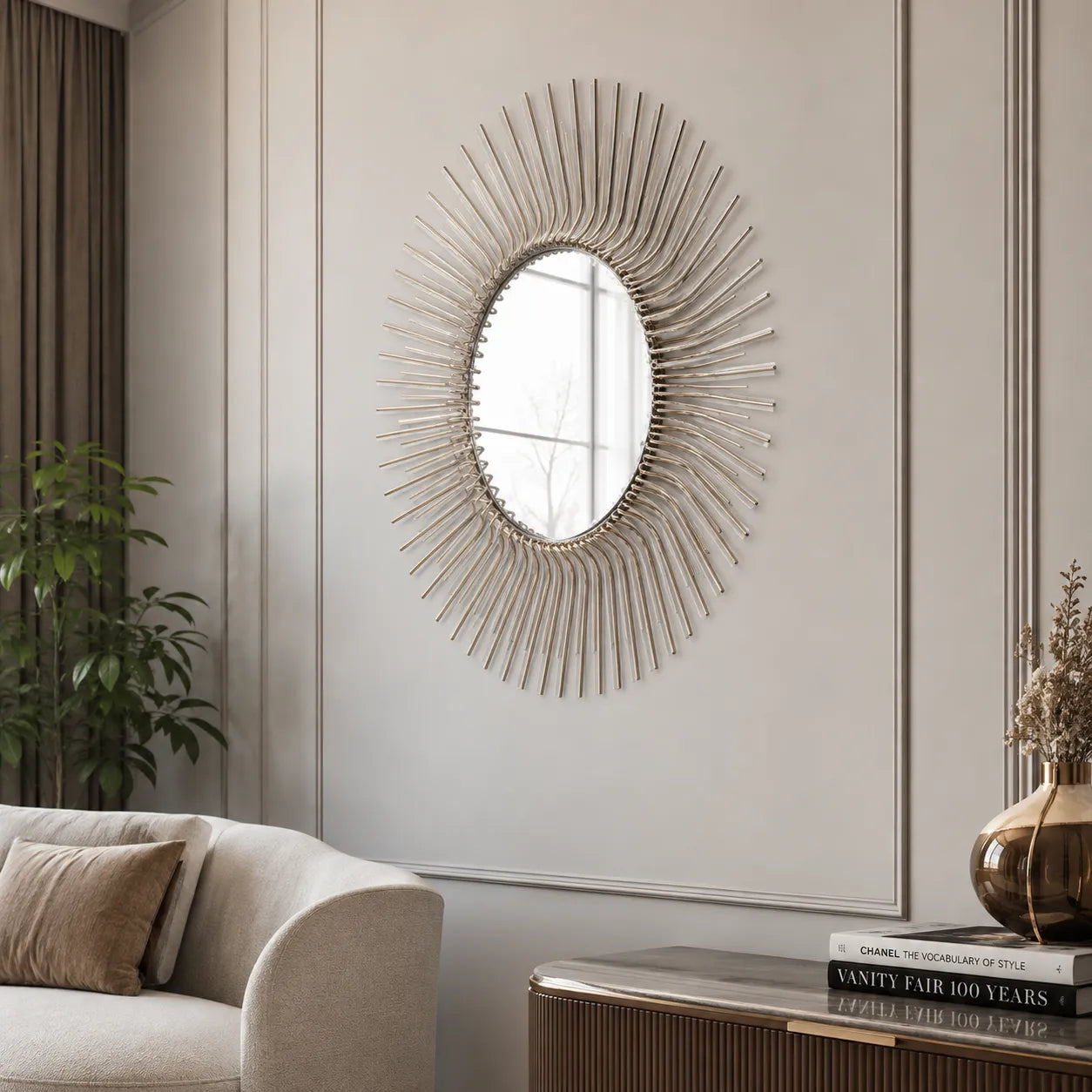 SEI Trevella Round Oversized Sunburst Wall Mirror in Champagne Gold