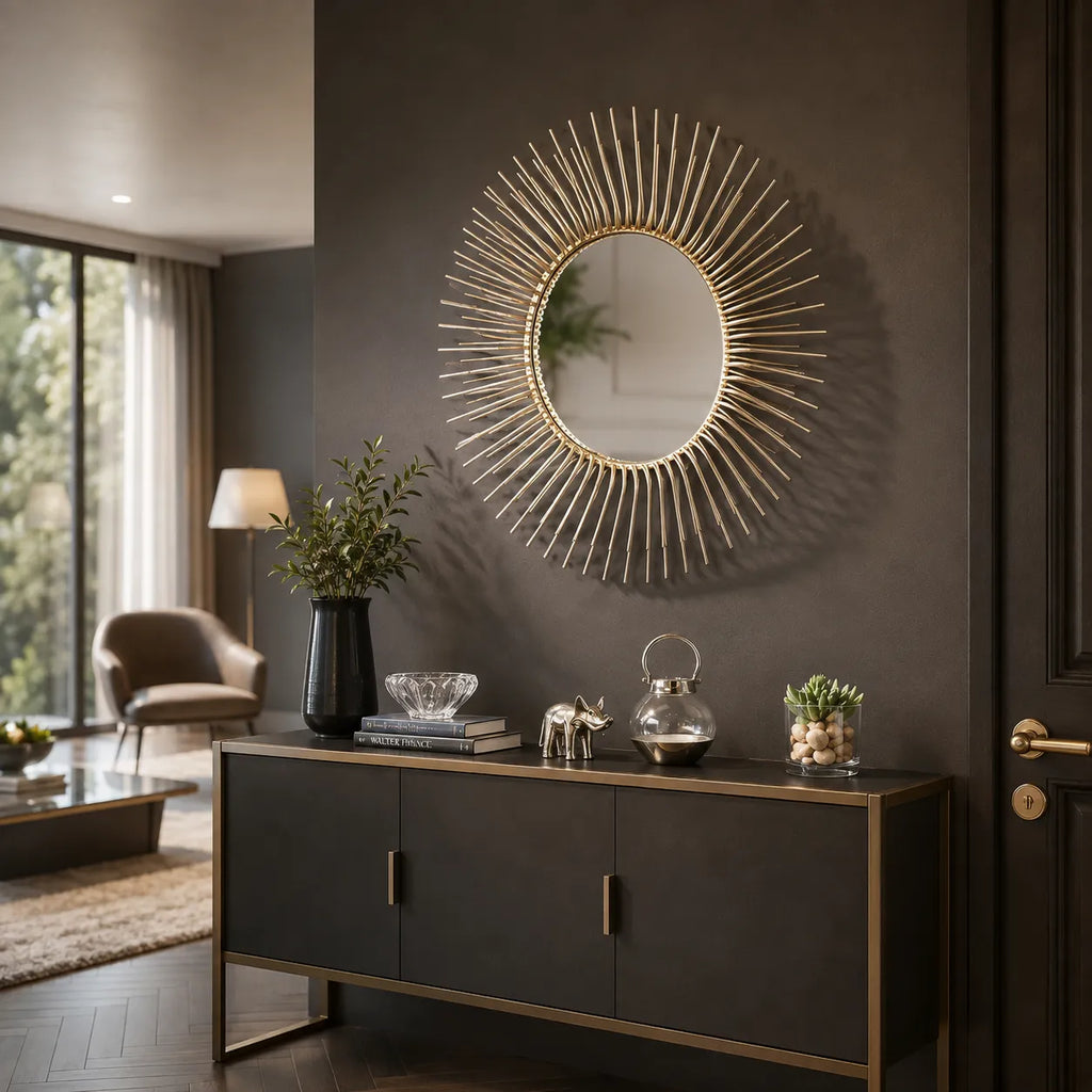 SEI Trevella Round Oversized Sunburst Wall Mirror in Champagne Gold