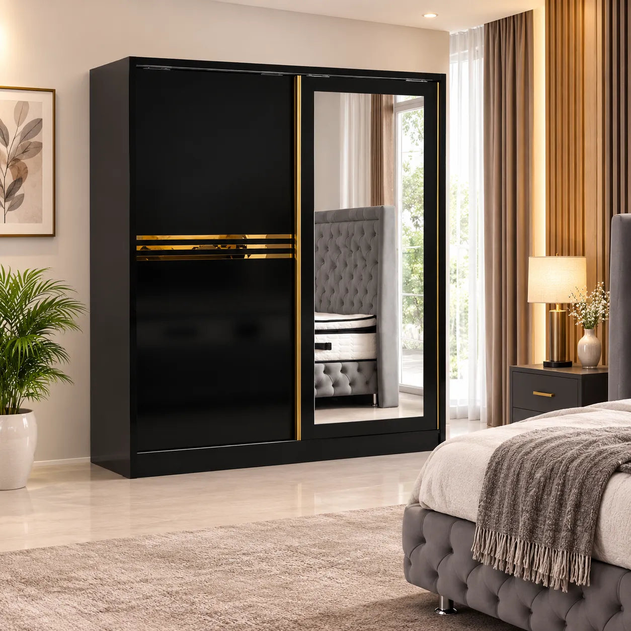 Armoire Elif à portes coulissantes en bois blanc (photo 3/7)