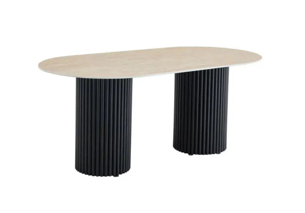 TABLE A MANGER KEYSHA METAL NOIR CERAMIQUE TRAVERTIN Swedzo-Meuble