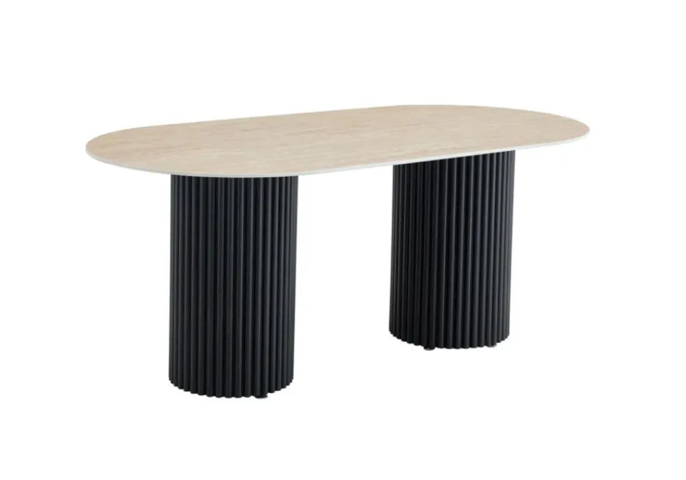 TABLE A MANGER KEYSHA METAL NOIR CERAMIQUE TRAVERTIN 180x90cm