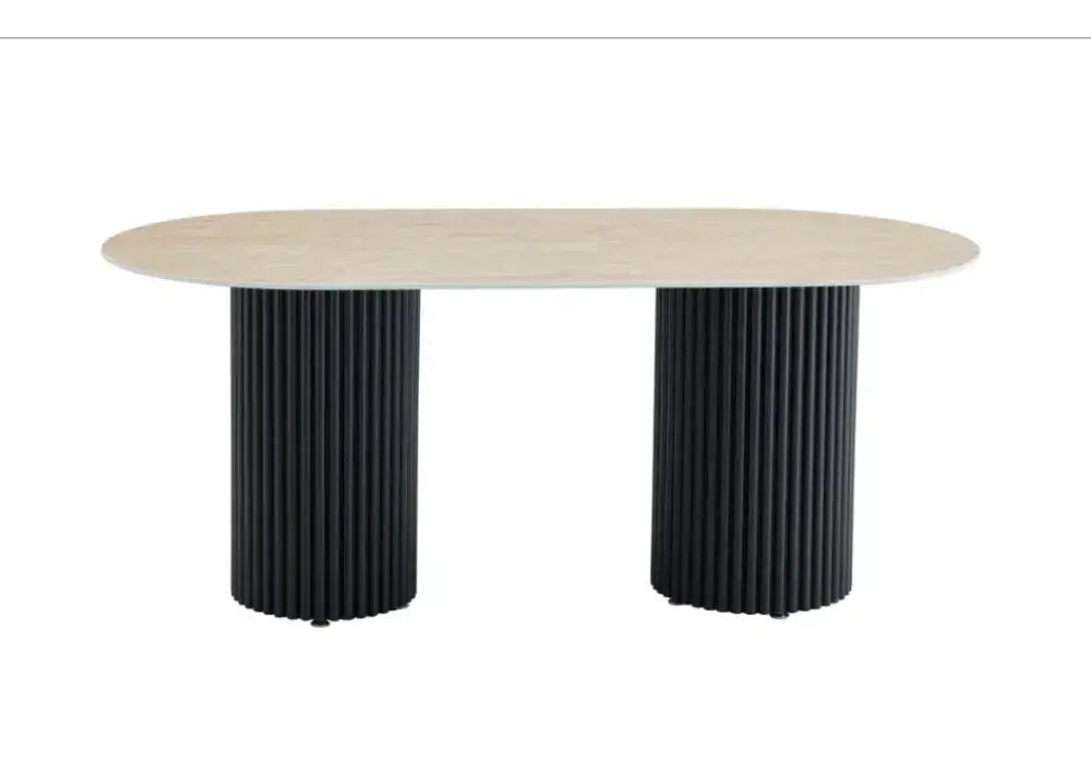 TABLE A MANGER KEYSHA METAL NOIR CERAMIQUE TRAVERTIN Swedzo-Meuble