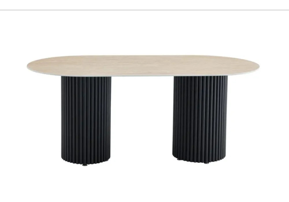 TABLE A MANGER KEYSHA METAL NOIR CERAMIQUE TRAVERTIN 180x90cm