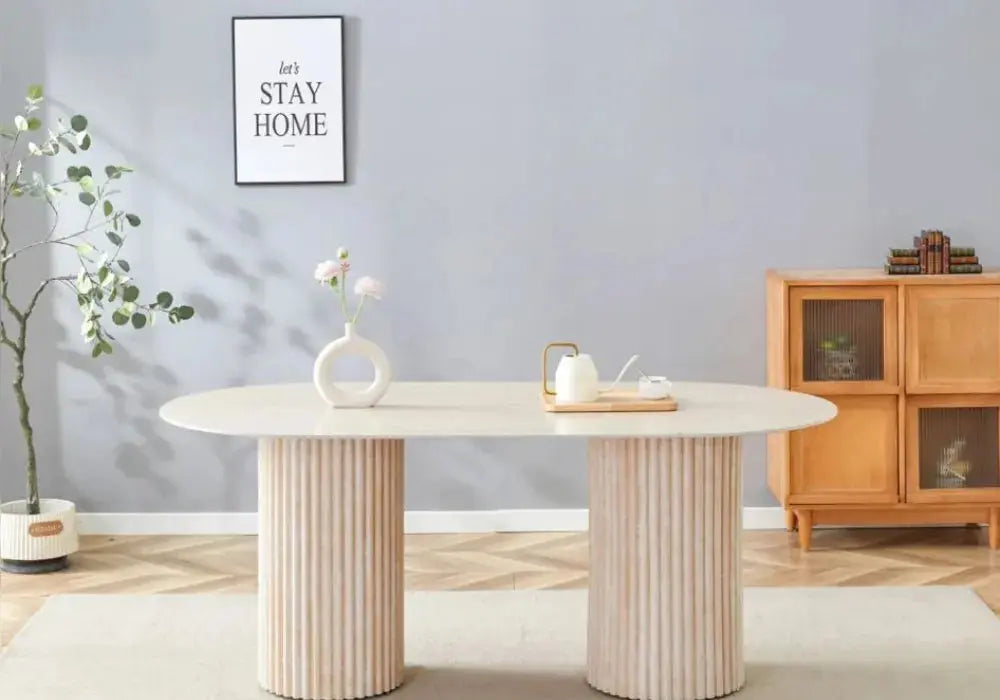TABLE A MANGER KEYSHA PIED TRAVERTIN PLATEAU CERAMIQUE TRAVERTIN BRILLANT Swedzo-Meuble