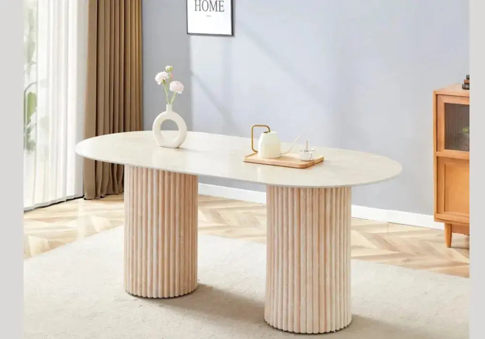 TABLE A MANGER KEYSHA PIED TRAVERTIN PLATEAU CERAMIQUE TRAVERTIN BRILLANT Swedzo-Meuble