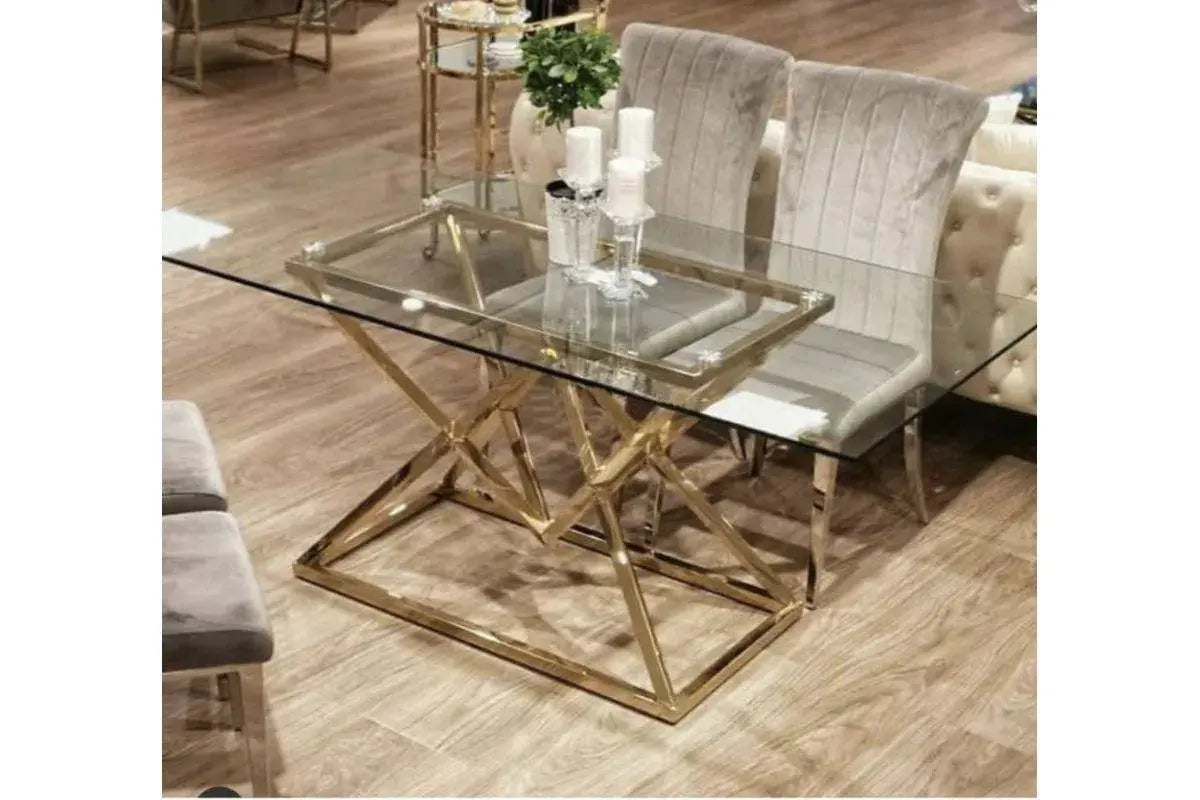 TABLE A MANGER PYRA TRANSPARENT PIED DORE 150X90 Swedzo-Meuble