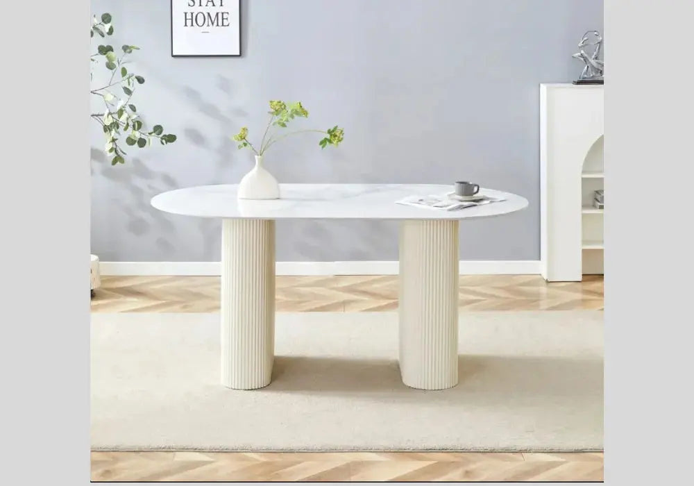 TABLE A MANGER SELENA PIED BEIGE PLATEAU CERAMIQUE MARBRE BLANC Swedzo-Meuble