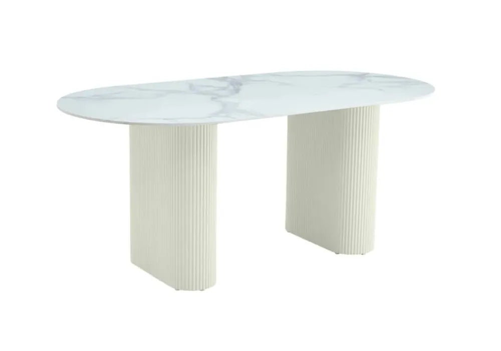 TABLE A MANGER SELENA PIED BEIGE PLATEAU CERAMIQUE MARBRE BLANC