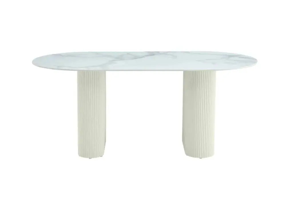 TABLE A MANGER SELENA PIED BEIGE PLATEAU CERAMIQUE MARBRE BLANC Swedzo-Meuble