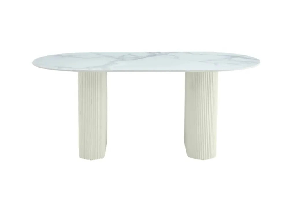 TABLE A MANGER SELENA PIED BEIGE PLATEAU CERAMIQUE MARBRE BLANC