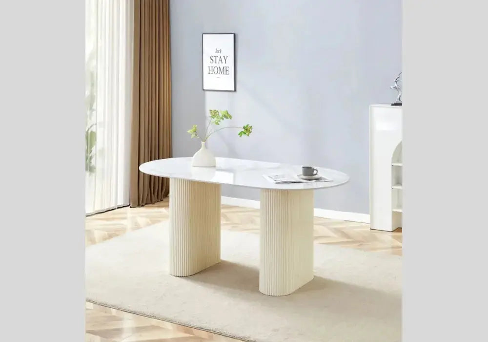 TABLE A MANGER SELENA PIED BEIGE PLATEAU CERAMIQUE MARBRE BLANC Swedzo-Meuble