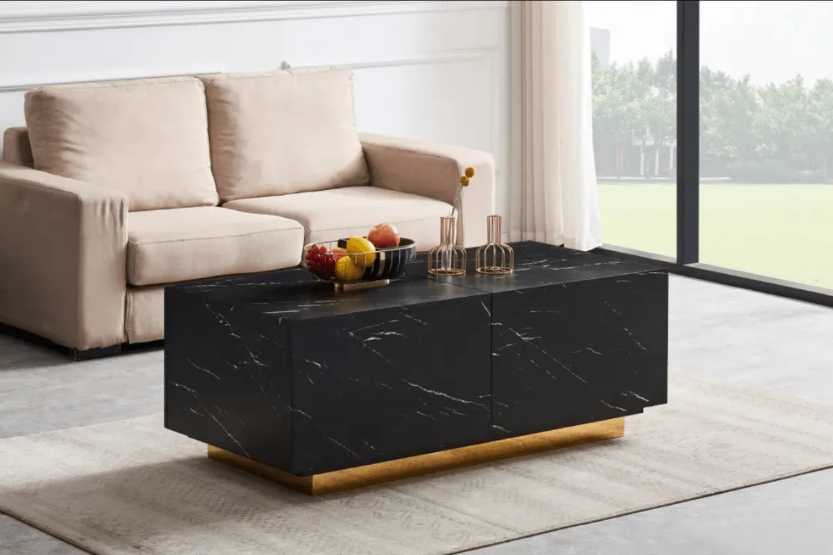 Table Basse Flottante a Coffre Pieds Dore