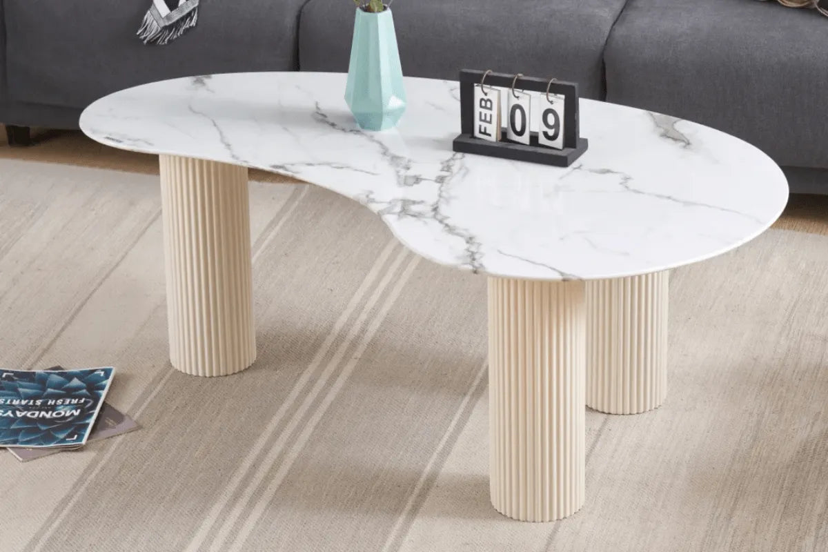 Table Basse Pylone Pied Blanc Plateau Marbre Blanc 120x70x45 CM