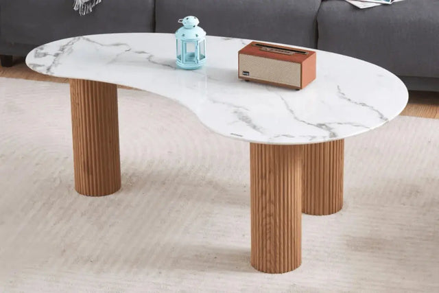 Table basse Pylone Pied Chene Plateau Marbre Blanc 120x70x45 CM
