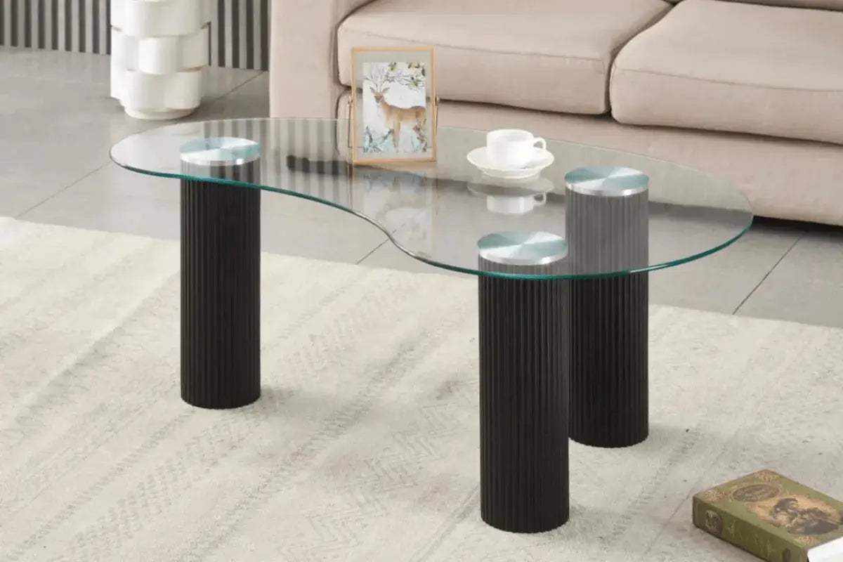 Table Basse Pylone Pied Noir Plateau Transparent 120x70x45 CM Swedzo-Meuble