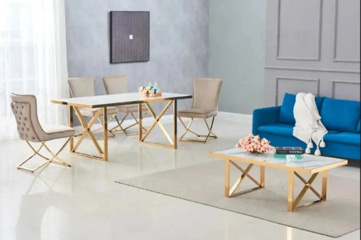 Table Repas Levanto Gold Marbre Blanc 180X90CM Swedzo-Meuble