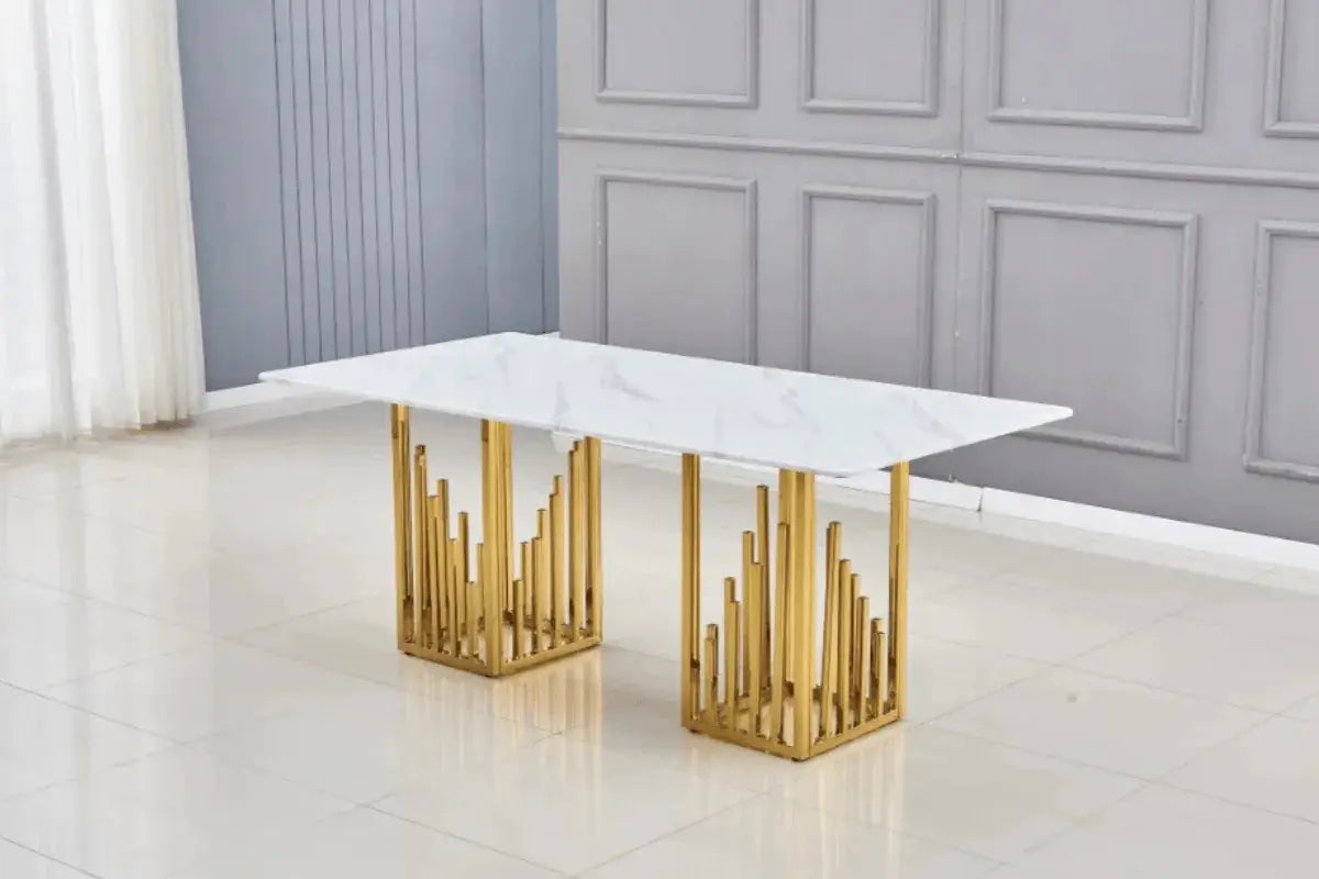 Table Repas Stalax Marbre Blanc Pieds Gold 180x90 CM Swedzo-Meuble