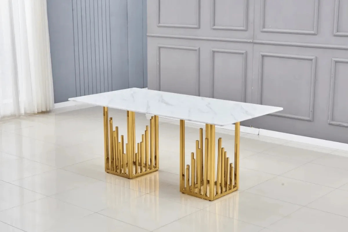 Table Repas Stalax Marbre Blanc Pieds Gold 180x90 CM