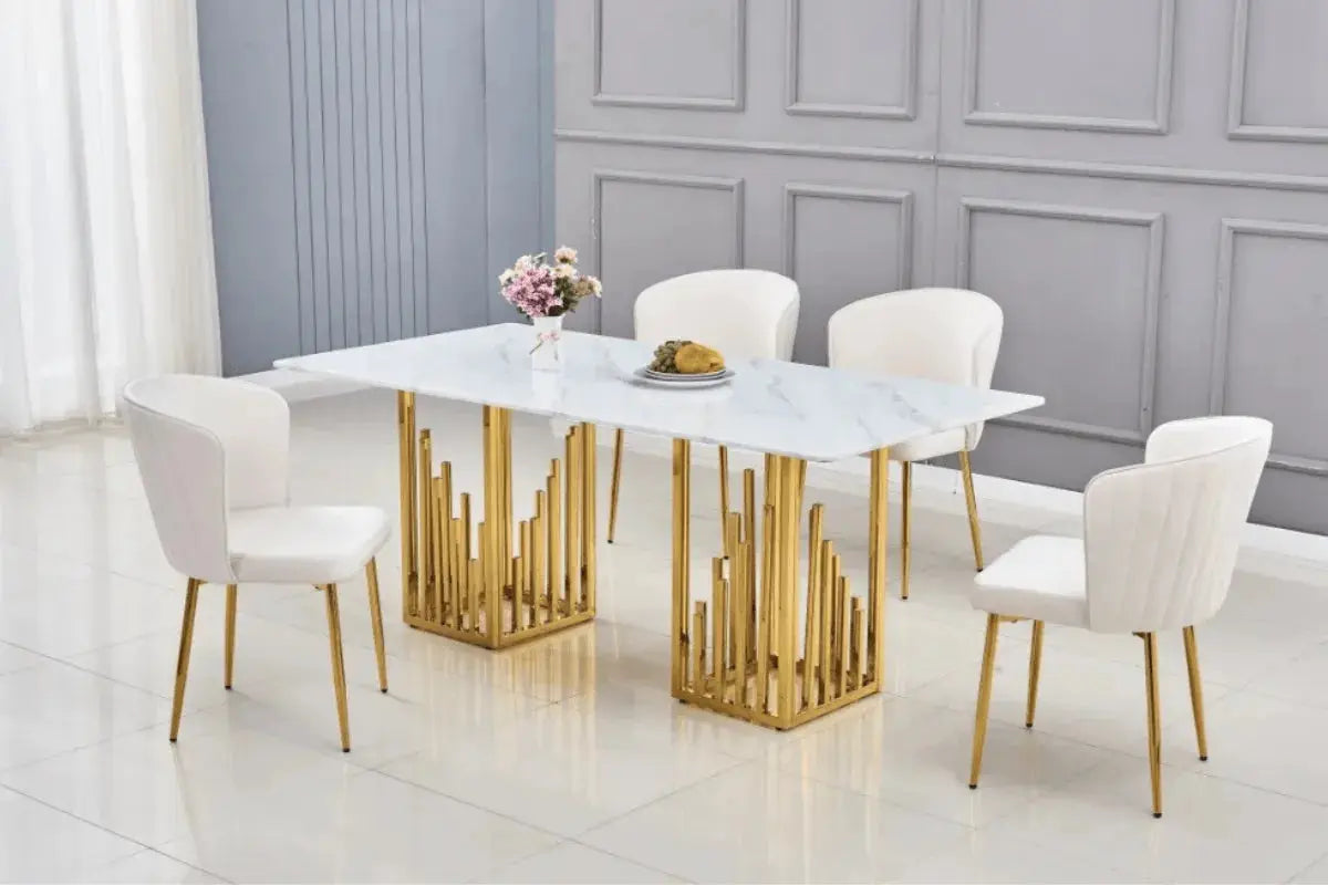 Table Repas Stalax Marbre Blanc Pieds Gold 180x90 CM Swedzo-Meuble
