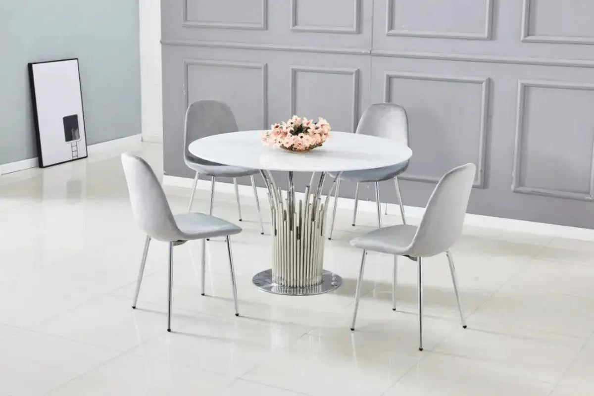 Table à Manger Flute Chrome Marbre Blanc 120 CM Swedzo-Meuble