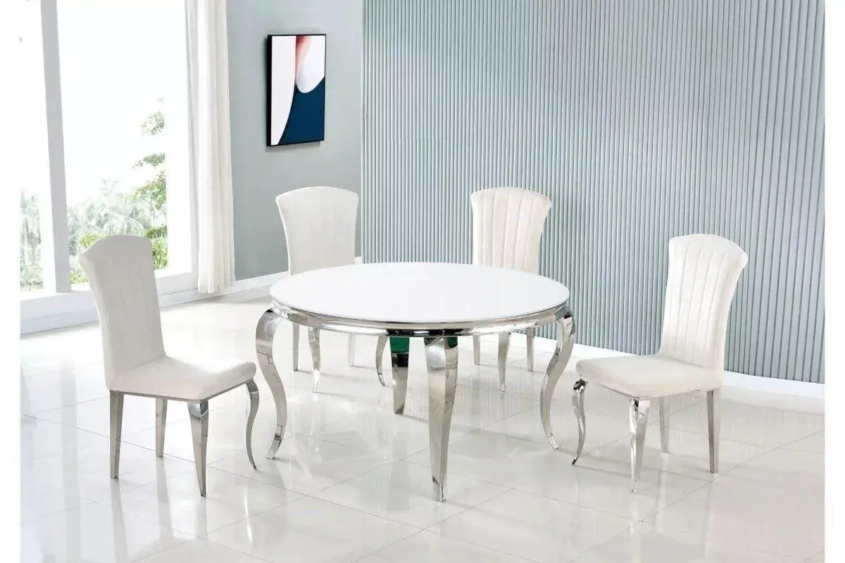Table avec 4 chaises ronde argent blanc NEO Swedzo-Meuble