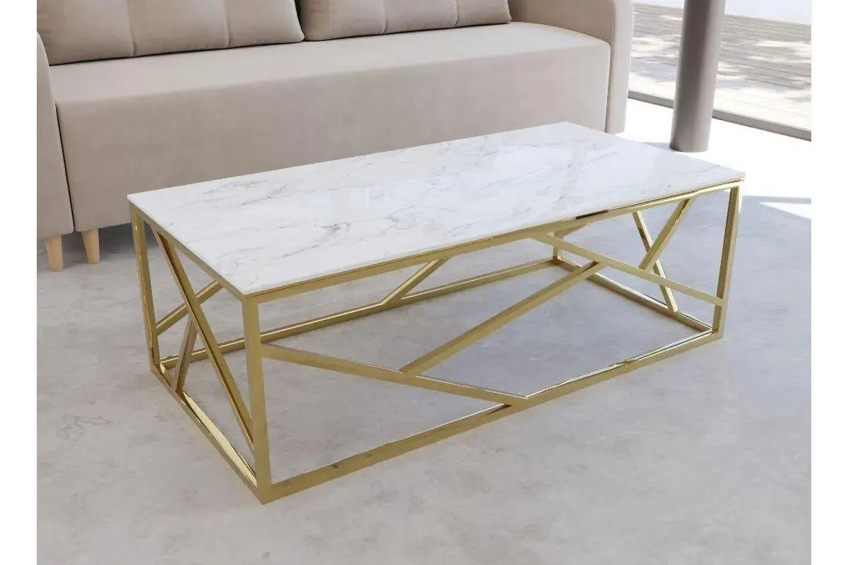 Table basse design effet marbre et métal doré rectangulaire DENYS Swedzo-Meuble