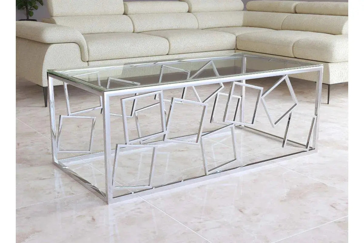 Table basse design en verre et métal argenté rectangulaire ARVI Swedzo-Meuble