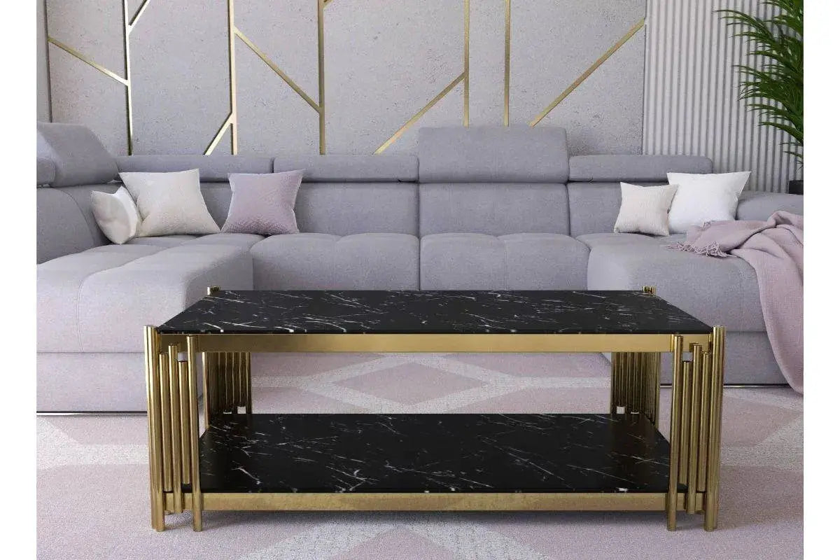 Table basse design en verre noir marbré et métal doré ORIANA Swedzo-Meuble