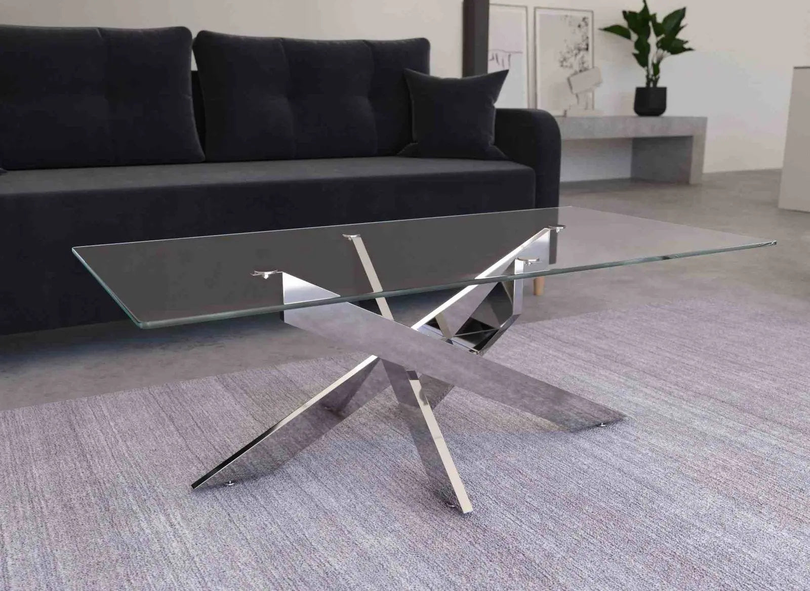 Table basse design rectangulaire en verre pieds argentés CONNOR Swedzo-Meuble
