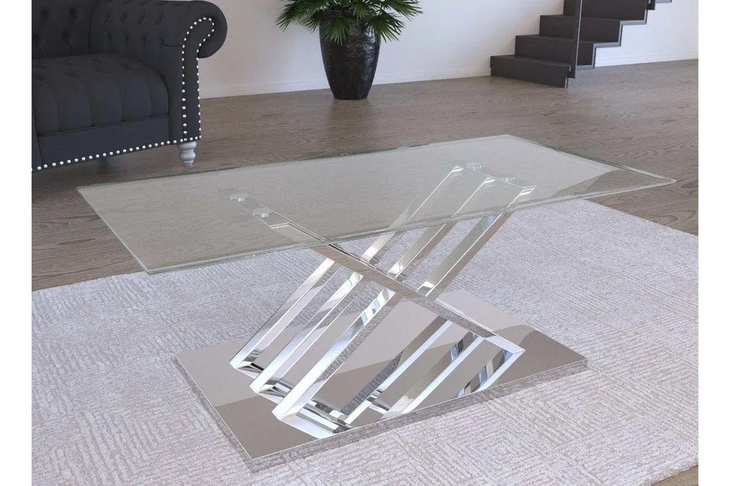 Table basse rectangulaire design avec pieds géométrique argentés NELLA