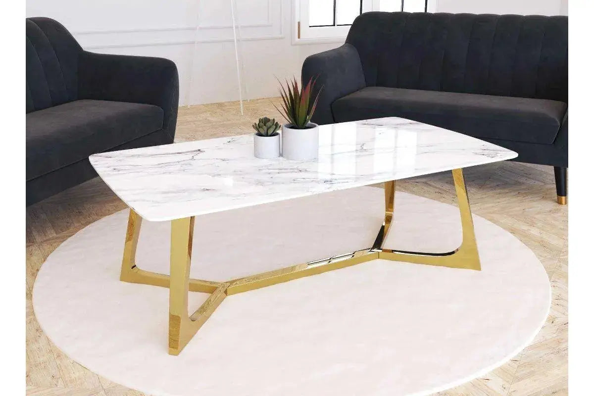 Table basse rectangulaire design effet marbre blanc et doré JOHANNA Swedzo-Meuble
