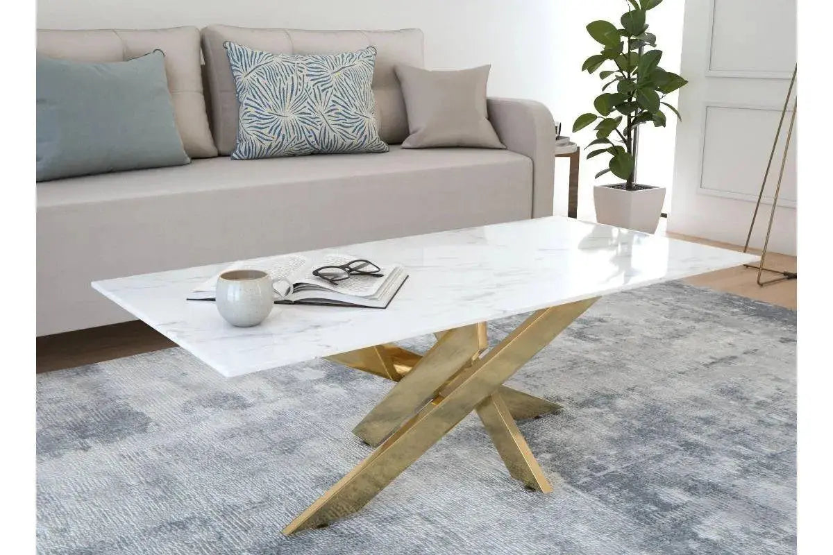 Table basse rectangulaire design verre marbré et pieds dorés MELISSA Swedzo-Meuble