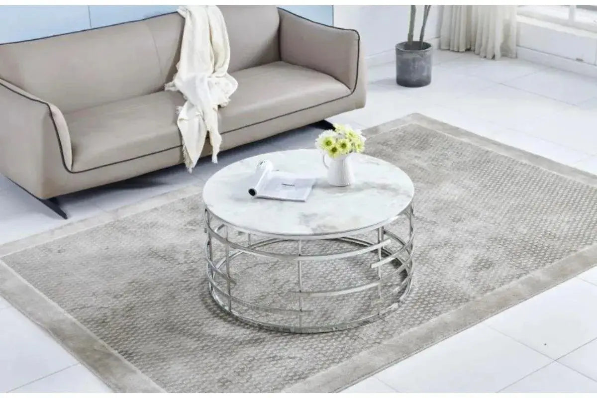 Table basse ronde FANY en marbre blanc argentée Swedzo-Meuble