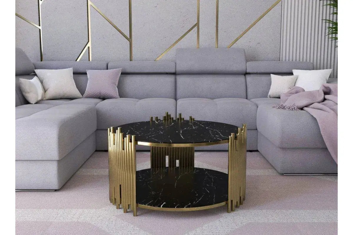 Table basse ronde en verre effet marbre noir et métal doré ORIANA Swedzo-Meuble